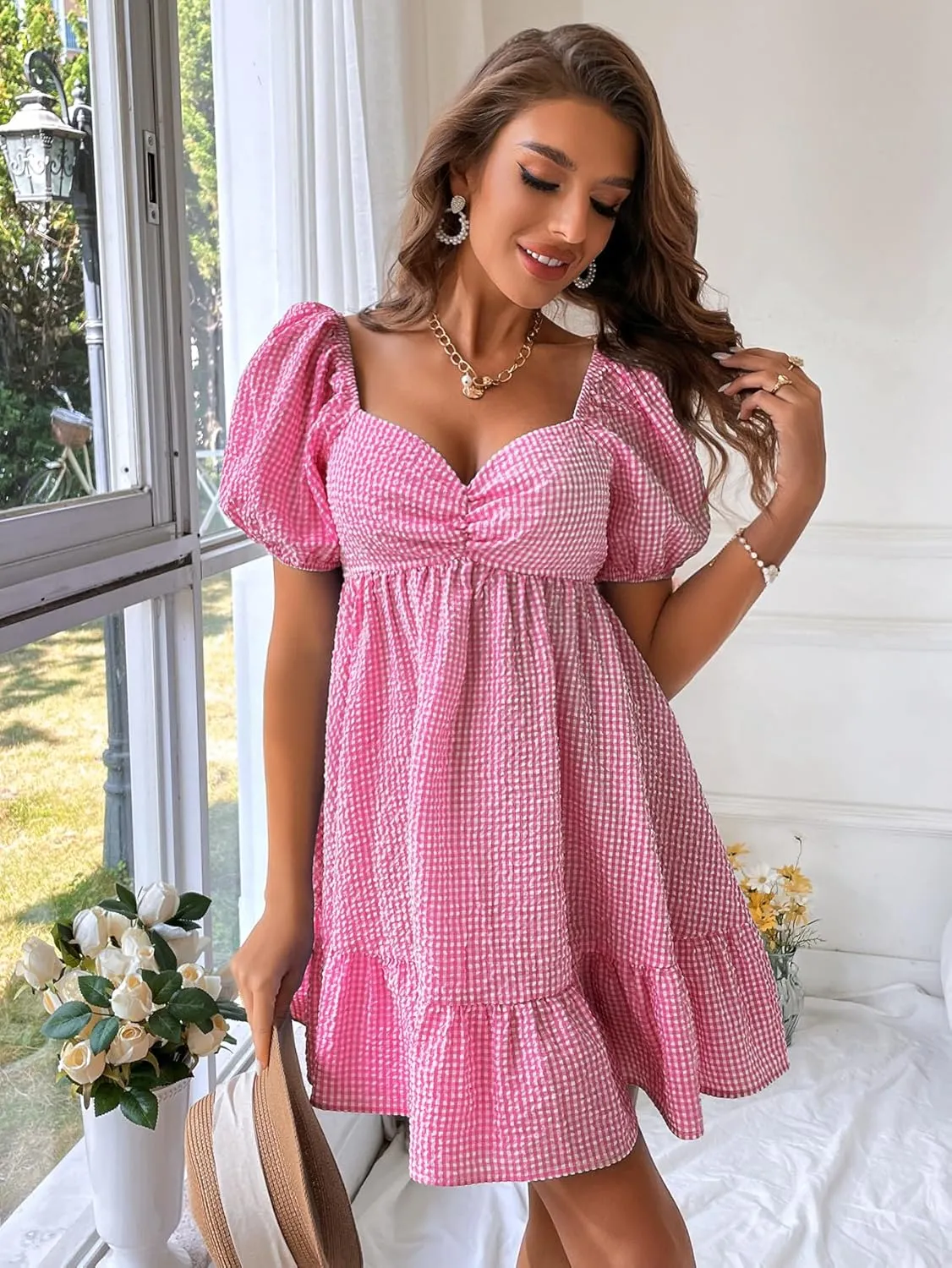 WDIRARA Women's Gingham Mini Summer Dresses Sweetheart Neck Short Puff Sleeve Plaid Ruffle Babydoll Dress