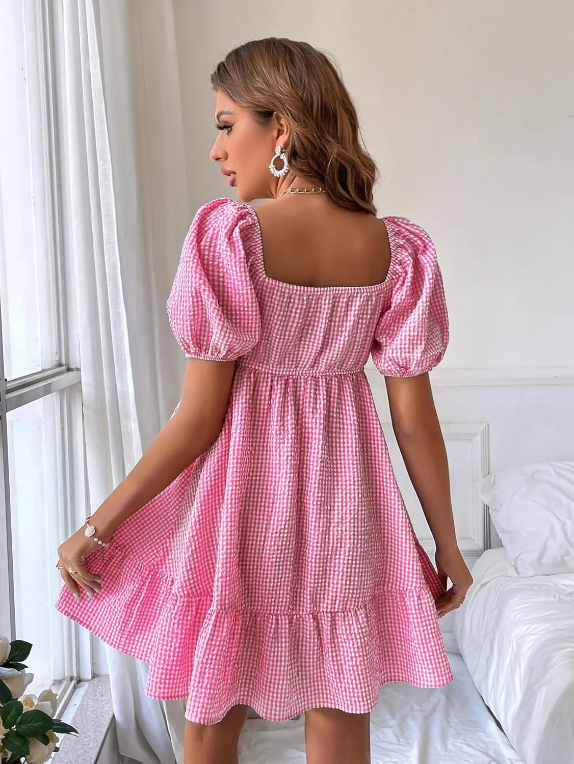 WDIRARA Women's Gingham Mini Summer Dresses Sweetheart Neck Short Puff Sleeve Plaid Ruffle Babydoll Dress
