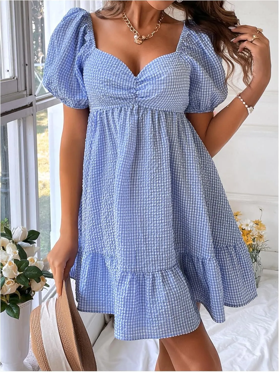 WDIRARA Women's Gingham Mini Summer Dresses Sweetheart Neck Short Puff Sleeve Plaid Ruffle Babydoll Dress