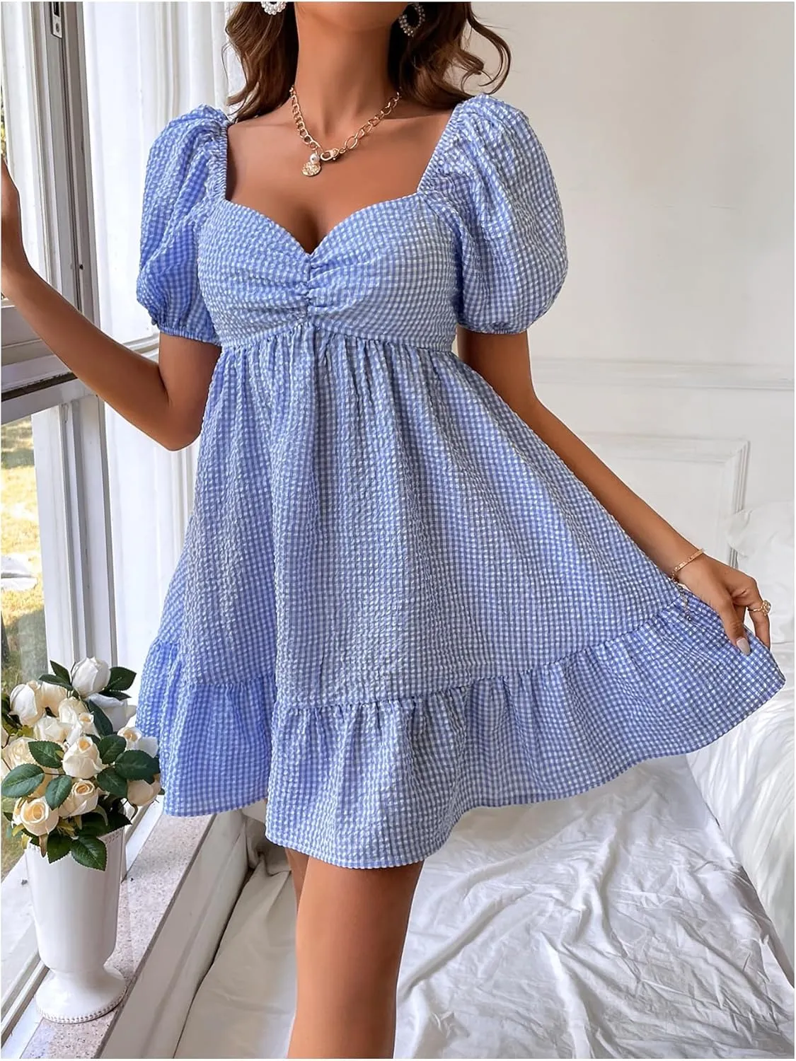 WDIRARA Women's Gingham Mini Summer Dresses Sweetheart Neck Short Puff Sleeve Plaid Ruffle Babydoll Dress
