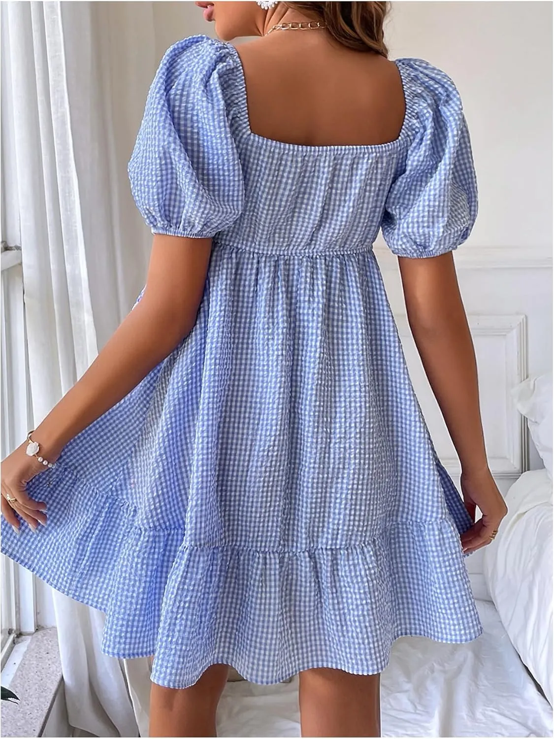 WDIRARA Women's Gingham Mini Summer Dresses Sweetheart Neck Short Puff Sleeve Plaid Ruffle Babydoll Dress