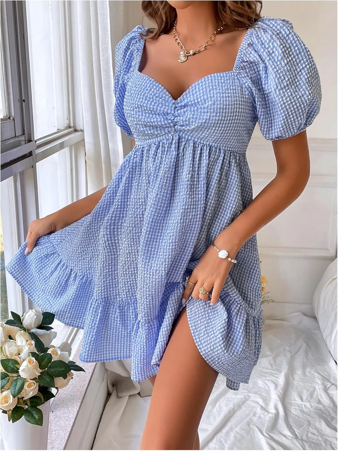 WDIRARA Women's Gingham Mini Summer Dresses Sweetheart Neck Short Puff Sleeve Plaid Ruffle Babydoll Dress