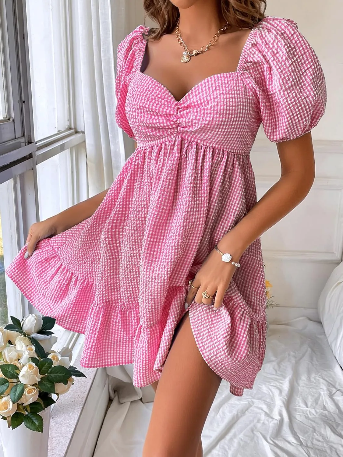 WDIRARA Women's Gingham Mini Summer Dresses Sweetheart Neck Short Puff Sleeve Plaid Ruffle Babydoll Dress