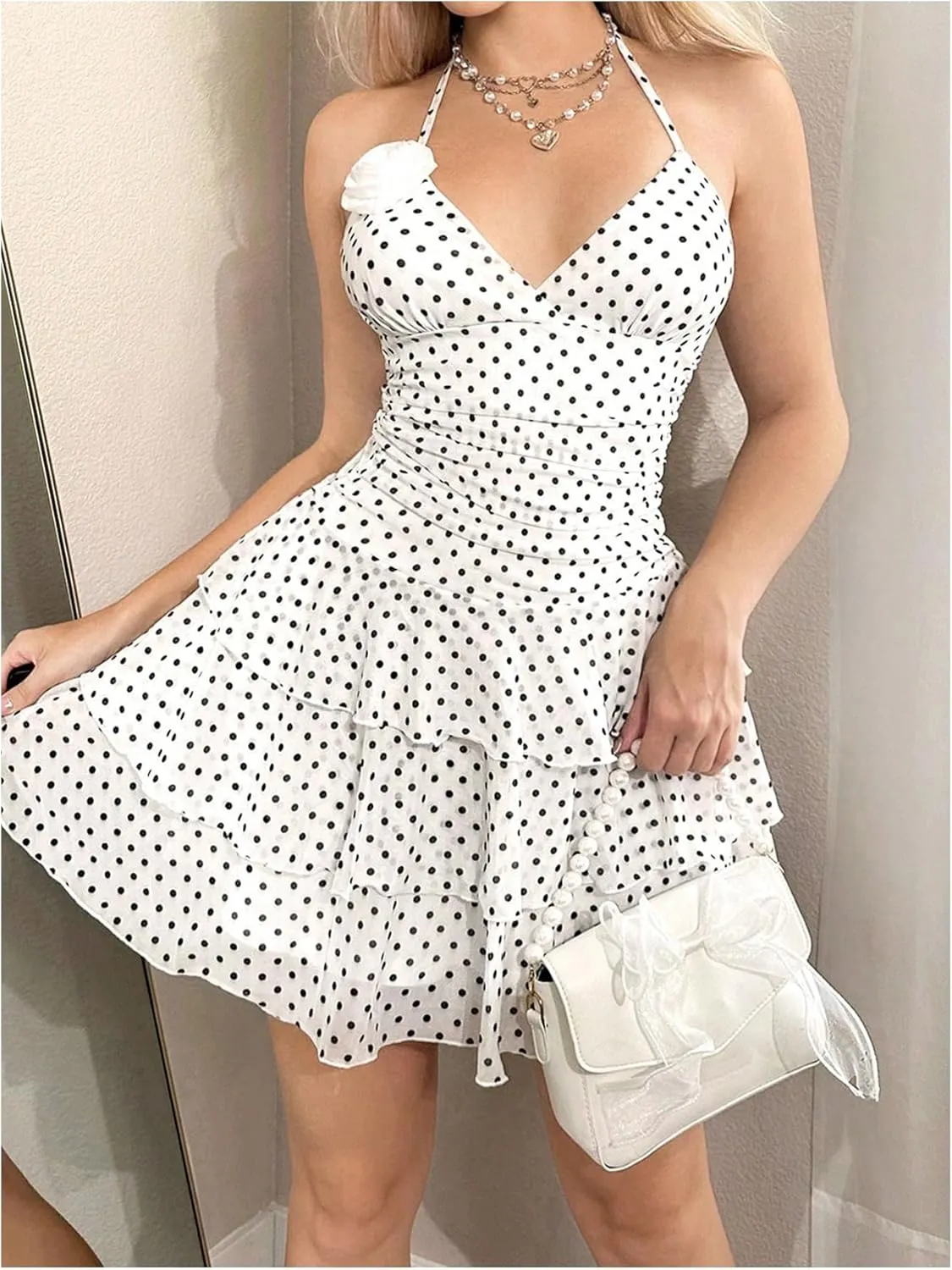 WDIRARA Women's Polka Dots Mesh Halter Mini Dress Ruffle Tiered Sleeveless Sexy Short Dresses