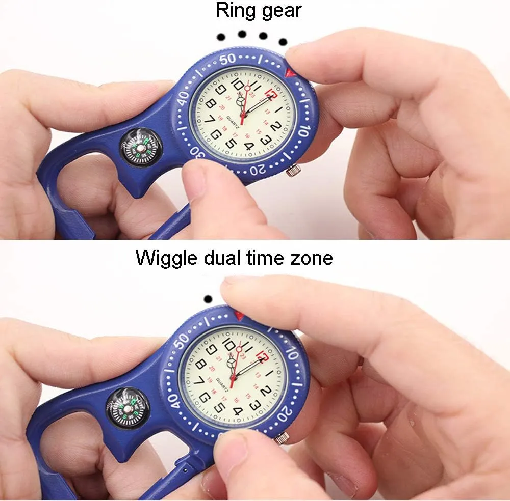 Weicam Men Women Compass Corkscrew Carabiner Clip on FOB Watch Outdoor Adventure Luminous Pocket Watch