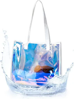 Woeoe Holographic Iridescent Clear Tote Bag for Women Waterproof Sandproof Beach Shoulder Handbags Bags Reusable Favor Bags for Work Stadium Travel