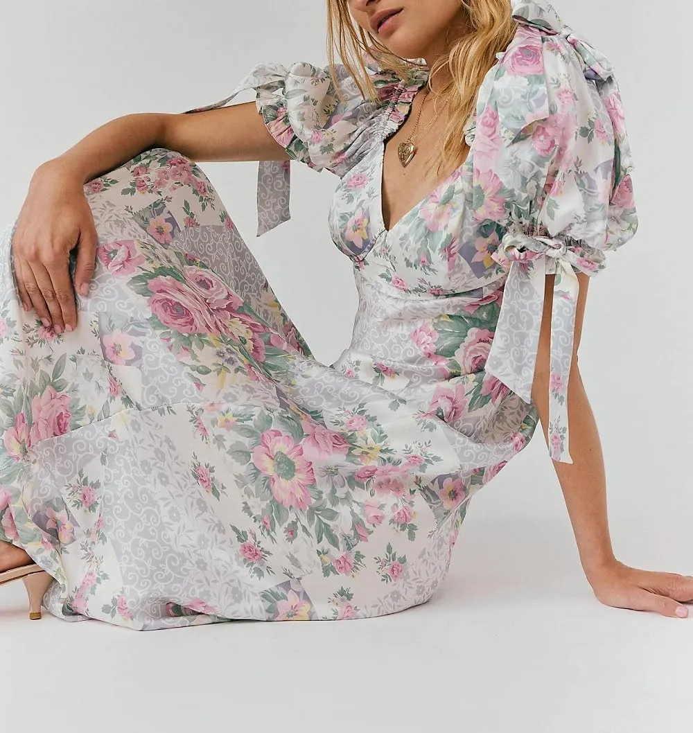 Woman Floral Puff Sleeve Maxi Dress Square Neck Ruffle Flowy Long Dresses Bohemian Tiered Summer Sundress