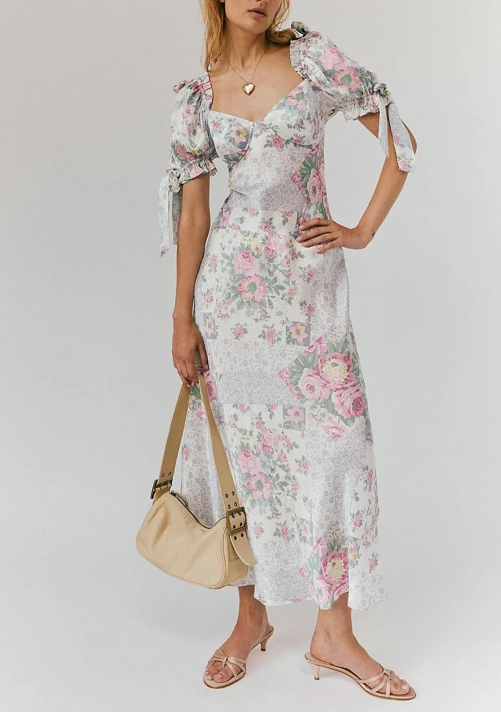 Woman Floral Puff Sleeve Maxi Dress Square Neck Ruffle Flowy Long Dresses Bohemian Tiered Summer Sundress