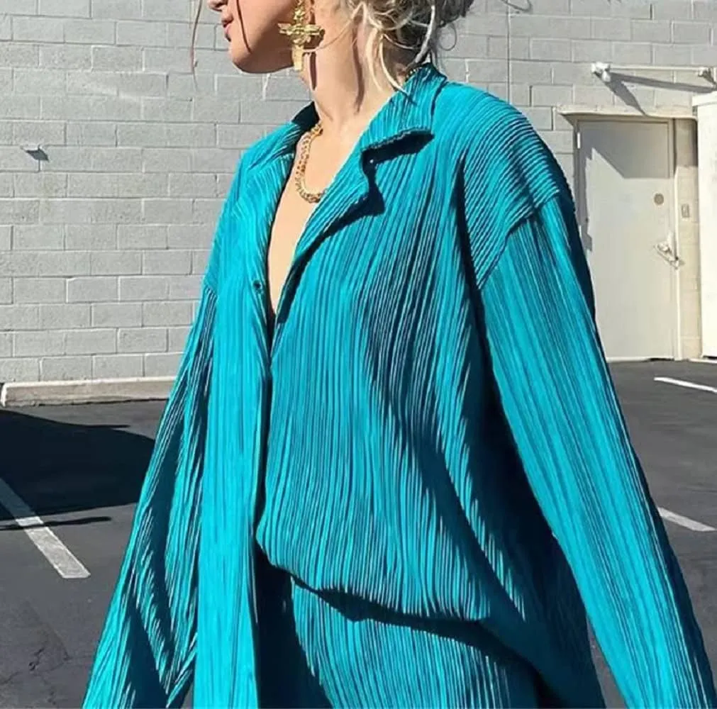 Women 2 Piece Pants Outfits Long Sleeve Button Down Shirts High Waist Long Pants Pleated Casual Summer Loungewear