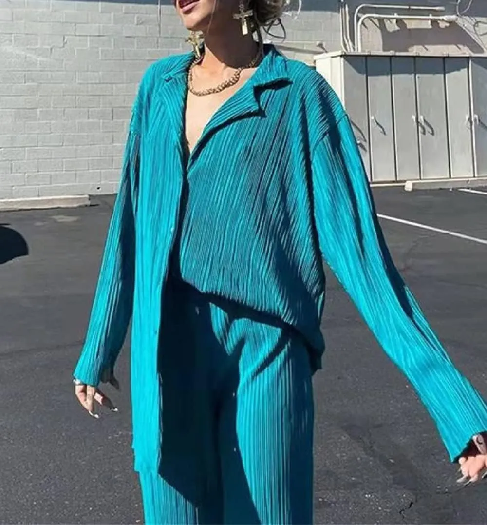 Women 2 Piece Pants Outfits Long Sleeve Button Down Shirts High Waist Long Pants Pleated Casual Summer Loungewear