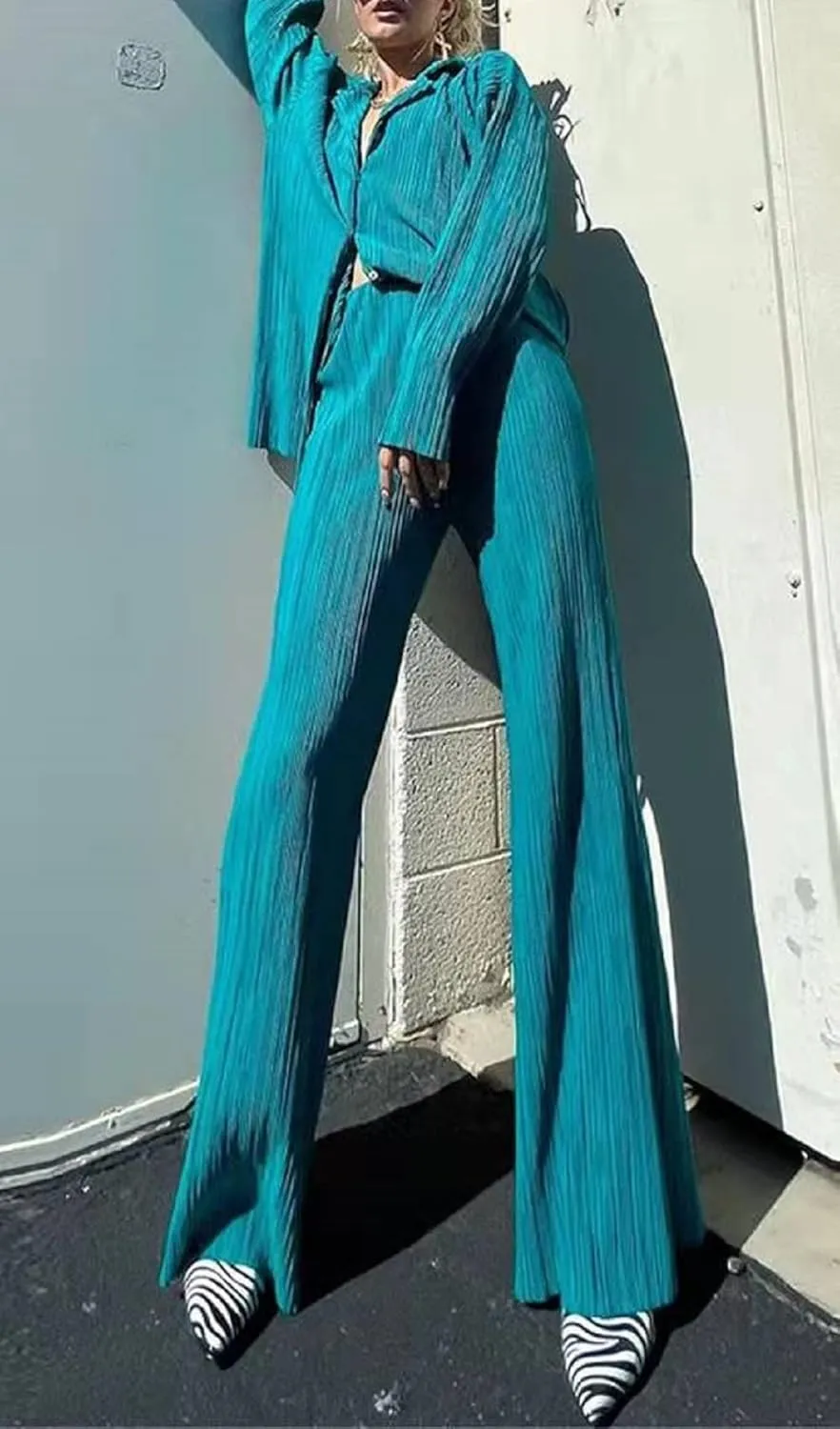 Women 2 Piece Pants Outfits Long Sleeve Button Down Shirts High Waist Long Pants Pleated Casual Summer Loungewear