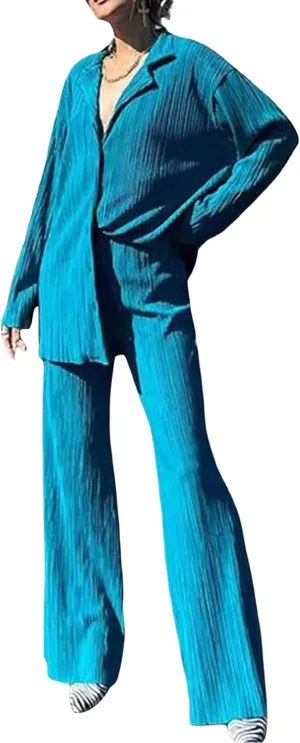 Women 2 Piece Pants Outfits Long Sleeve Button Down Shirts High Waist Long Pants Pleated Casual Summer Loungewear