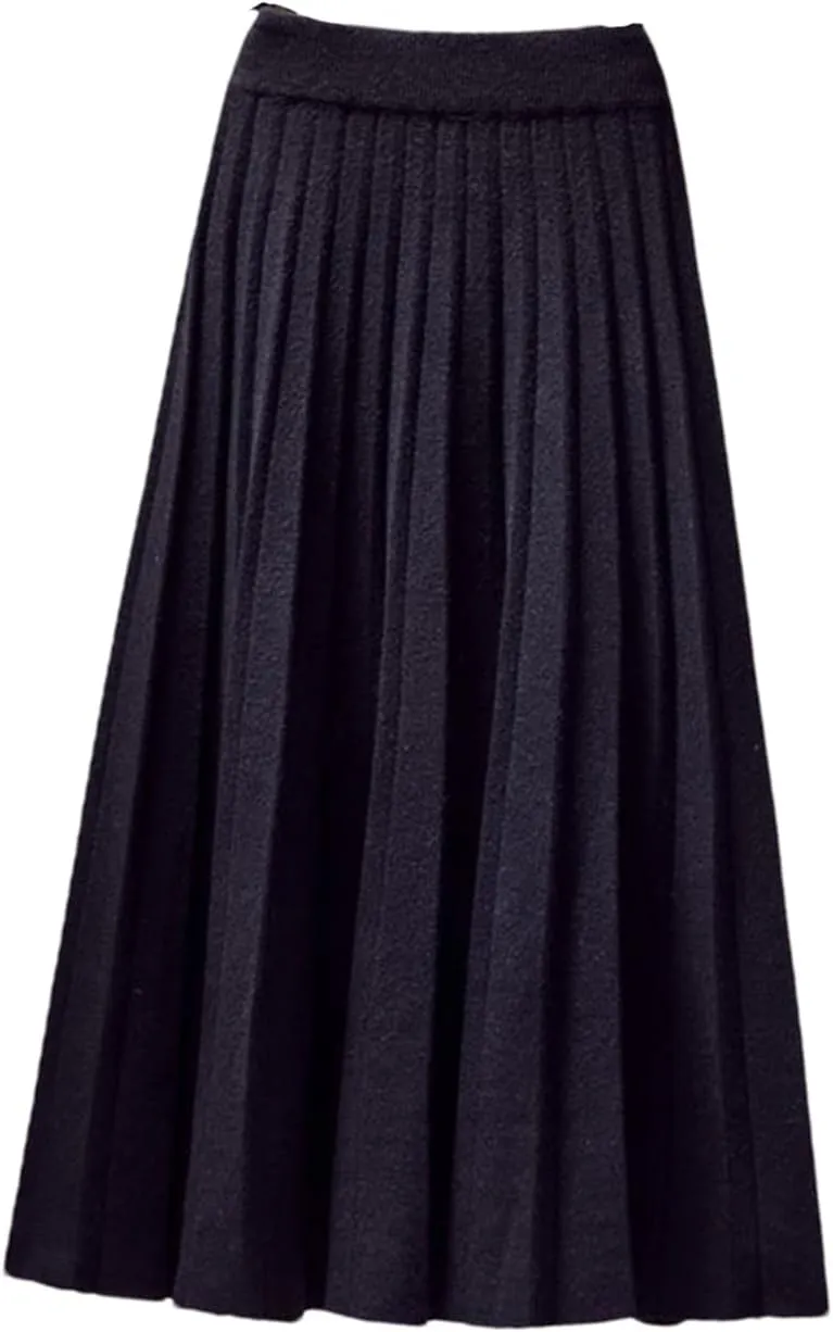 Women Autumn Winter Knitted Midi Long Pleated Skirt Blue High Waist Skirt
