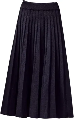 Women Autumn Winter Knitted Midi Long Pleated Skirt Blue High Waist Skirt