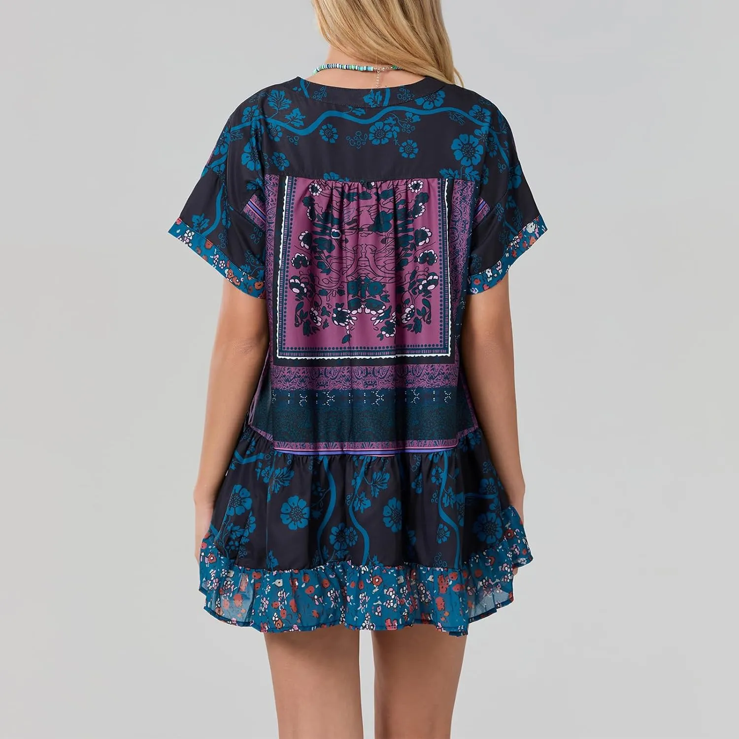 Women Bohemian Floral Mini Dress V Neck Boho Sundress Short Sleeve Flowy Babydoll Dress Summer Beach Dress