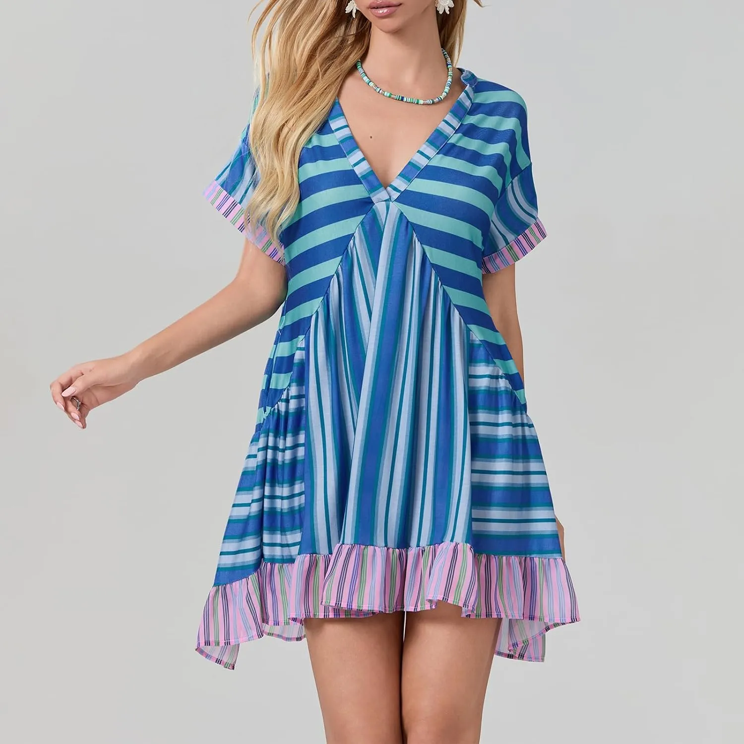 Women Bohemian Floral Mini Dress V Neck Boho Sundress Short Sleeve Flowy Babydoll Dress Summer Beach Dress