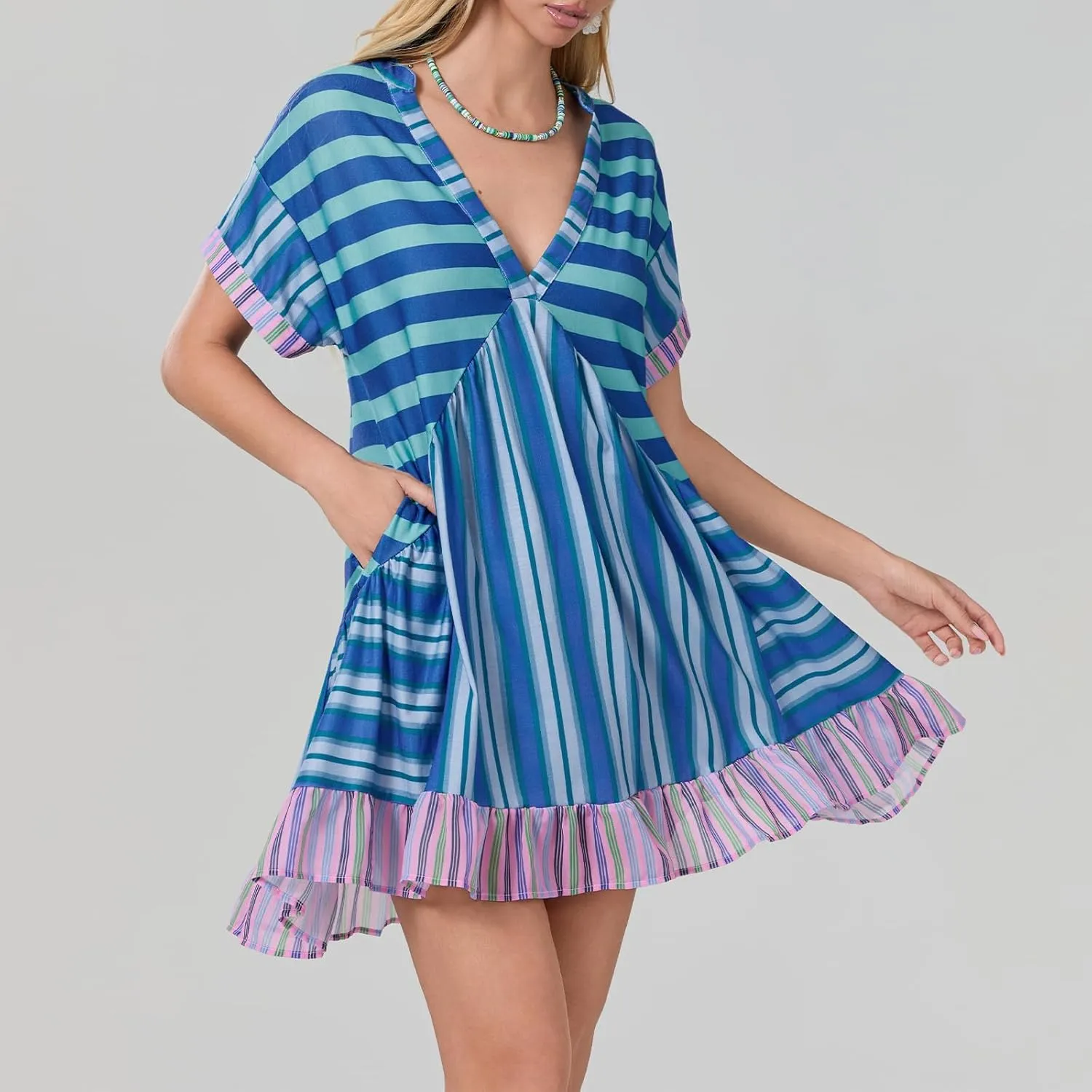 Women Bohemian Floral Mini Dress V Neck Boho Sundress Short Sleeve Flowy Babydoll Dress Summer Beach Dress