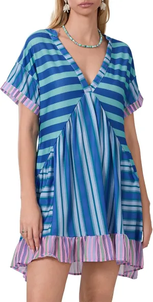 Women Bohemian Floral Mini Dress V Neck Boho Sundress Short Sleeve Flowy Babydoll Dress Summer Beach Dress