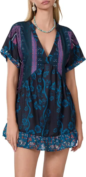 Women Bohemian Floral Mini Dress V Neck Boho Sundress Short Sleeve Flowy Babydoll Dress Summer Beach Dress
