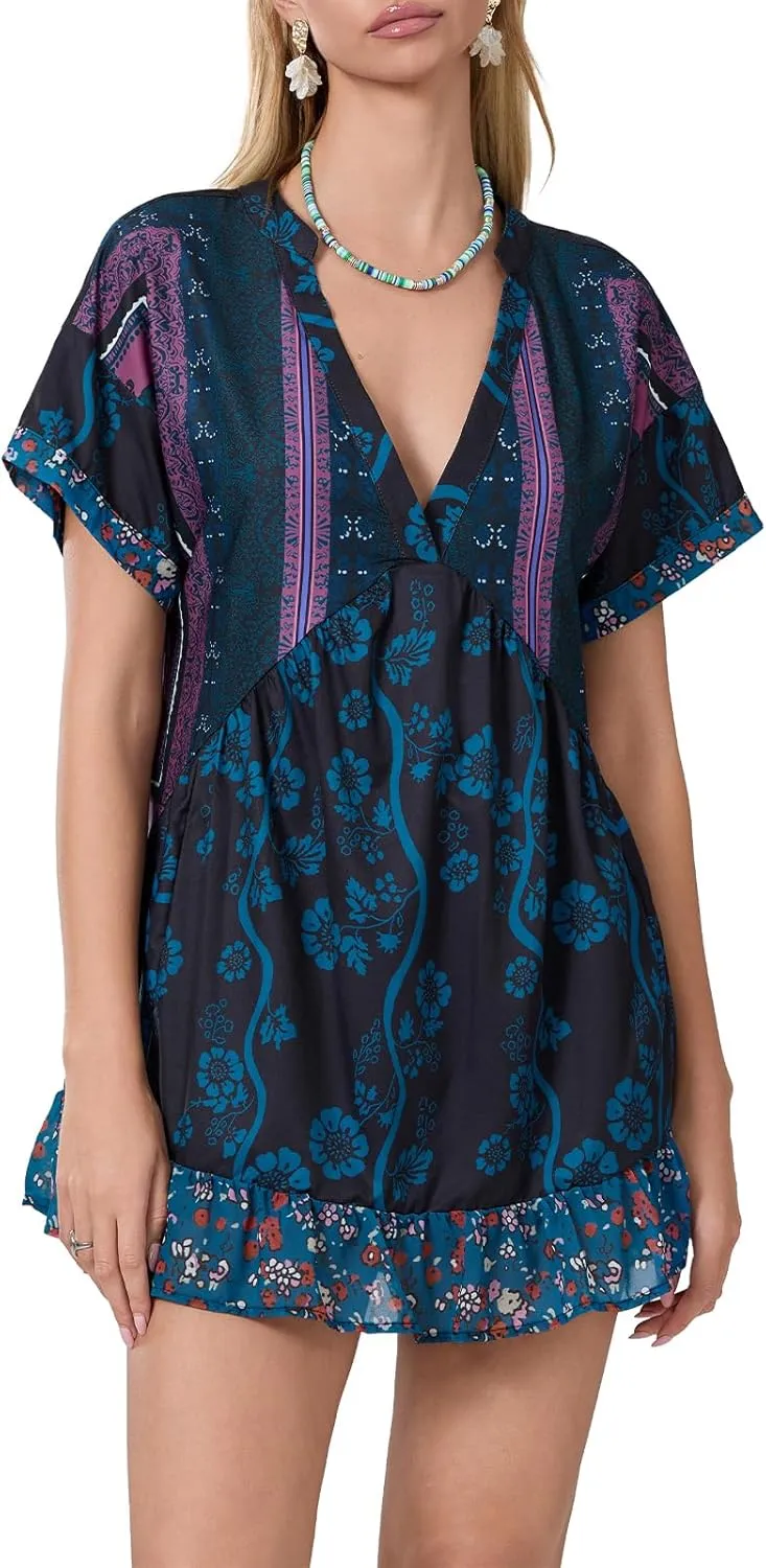 Women Bohemian Floral Mini Dress V Neck Boho Sundress Short Sleeve Flowy Babydoll Dress Summer Beach Dress