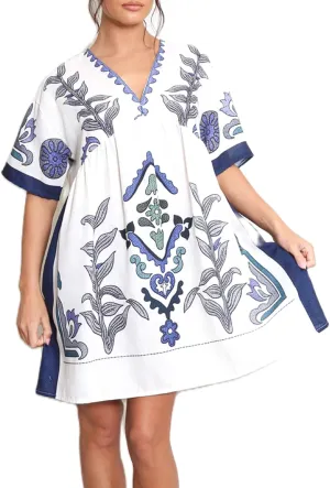 Women Bohemian Floral Mini Dress V Neck Flare Sleeve Sundress Loose Fit Flowy Beach Dress Summer Holiday Dress