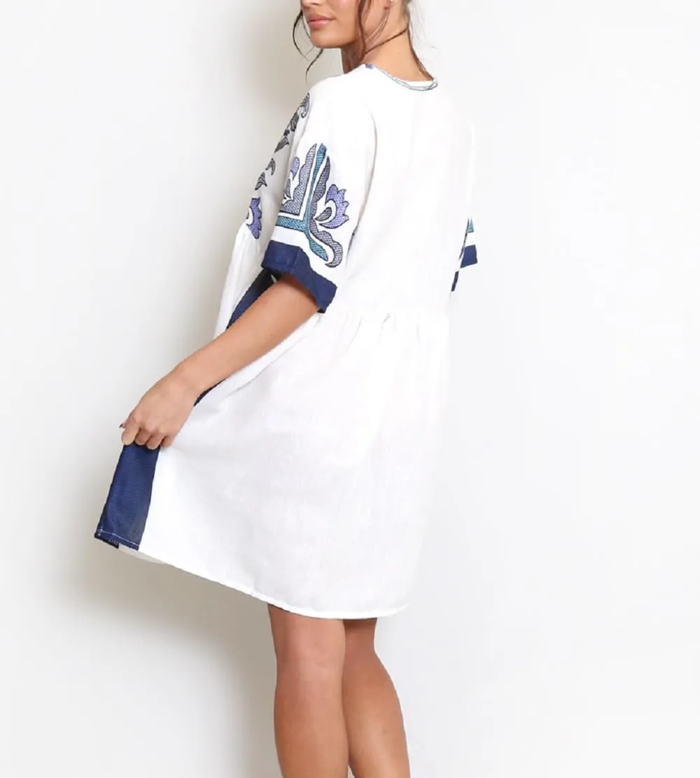 Women Bohemian Floral Mini Dress V Neck Flare Sleeve Sundress Loose Fit Flowy Beach Dress Summer Holiday Dress