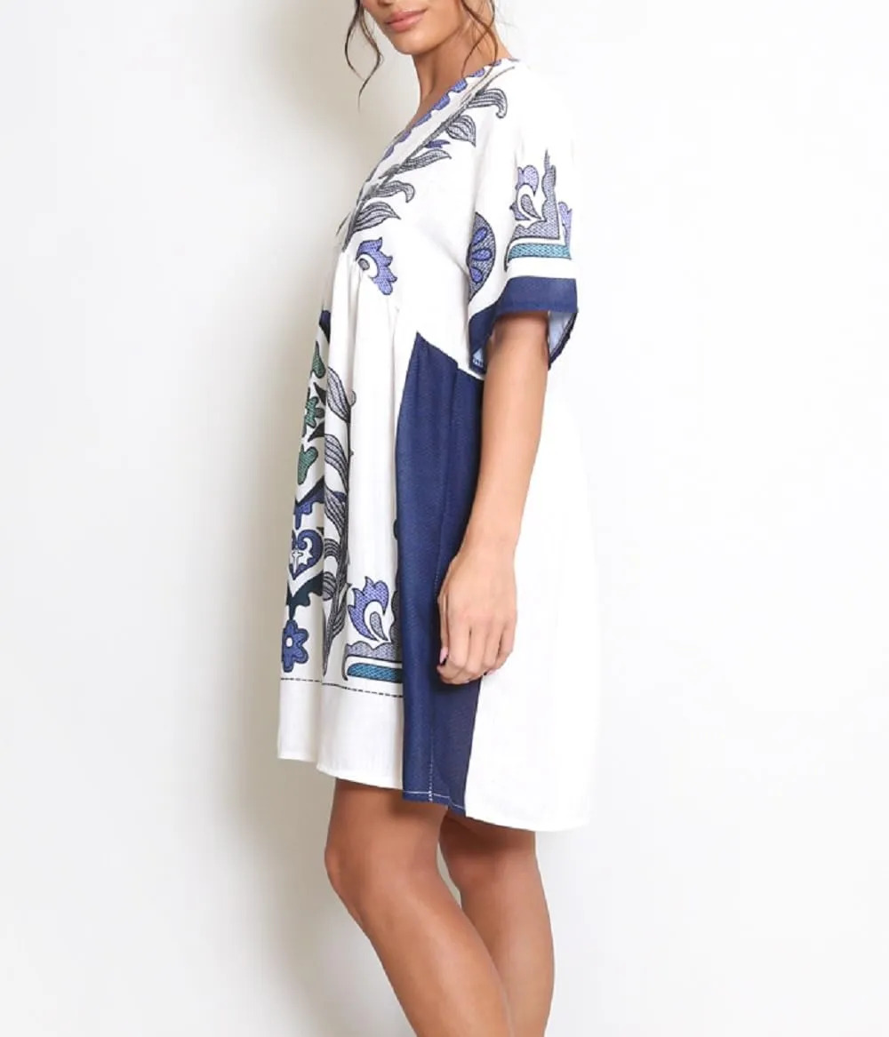 Women Bohemian Floral Mini Dress V Neck Flare Sleeve Sundress Loose Fit Flowy Beach Dress Summer Holiday Dress