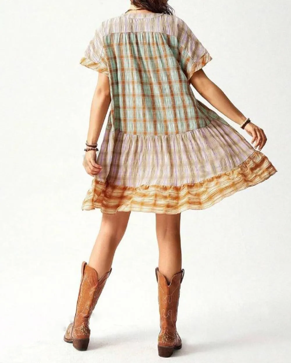 Women Boho Floral Mini Dress V Neck Short Sleeve Flowy Sundress Graphic Babydoll Dress Summer Beach Dress