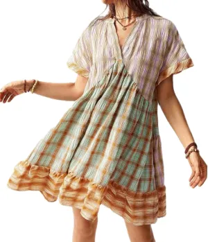 Women Boho Floral Mini Dress V Neck Short Sleeve Flowy Sundress Graphic Babydoll Dress Summer Beach Dress