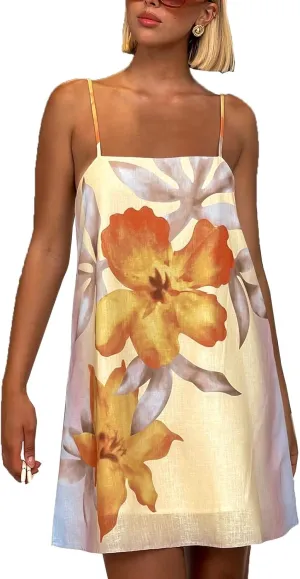 Women Boho Graphic Mini Cami Dress Spaghetti Strap Floral Short Dress Flowy Backless Sling Dress Summer Sundress