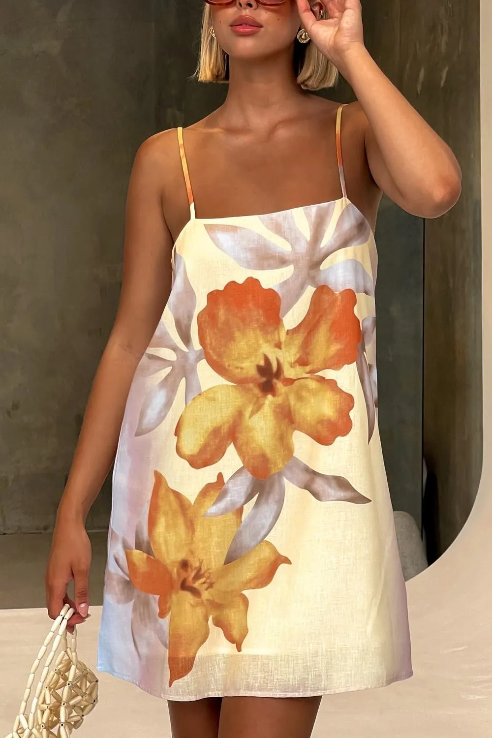 Women Boho Graphic Mini Cami Dress Spaghetti Strap Floral Short Dress Flowy Backless Sling Dress Summer Sundress