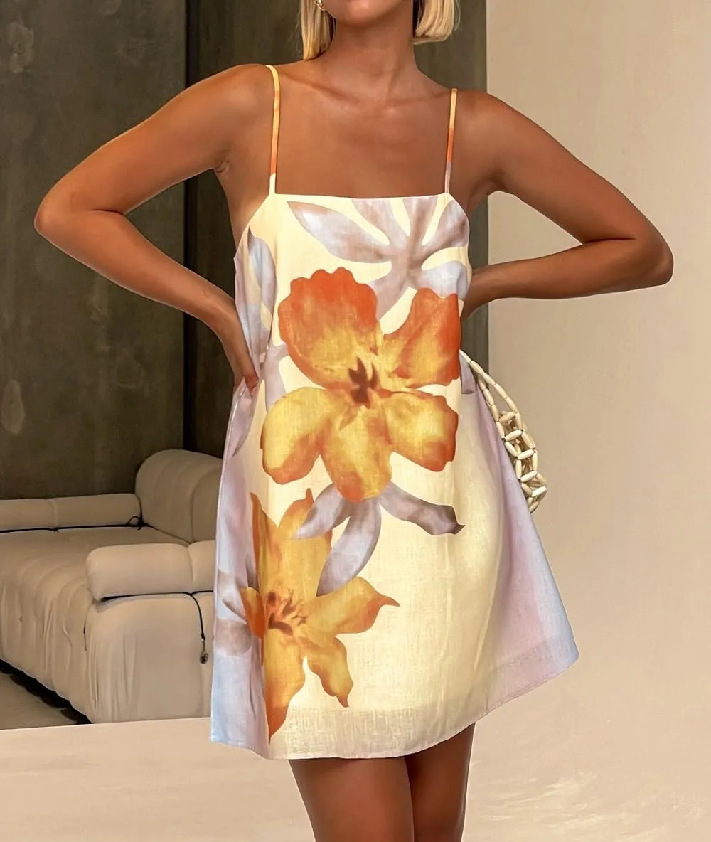 Women Boho Graphic Mini Cami Dress Spaghetti Strap Floral Short Dress Flowy Backless Sling Dress Summer Sundress