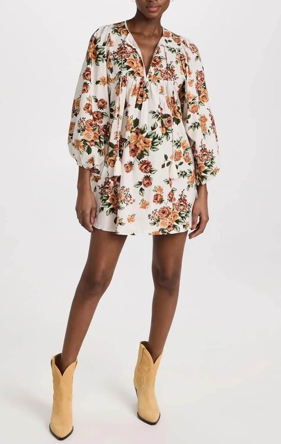 Women Boho Puff Sleeve Short Dress Floral V Neck Babydoll Dress Flowy Loose Fit Shirt Dress Bohemian Mini Sundress