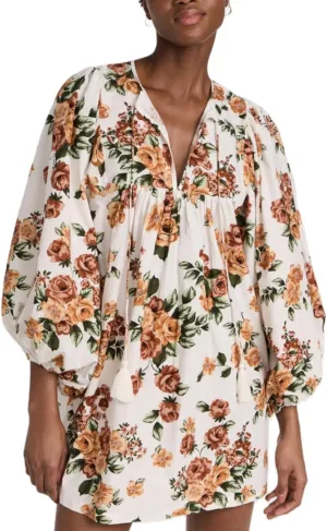 Women Boho Puff Sleeve Short Dress Floral V Neck Babydoll Dress Flowy Loose Fit Shirt Dress Bohemian Mini Sundress