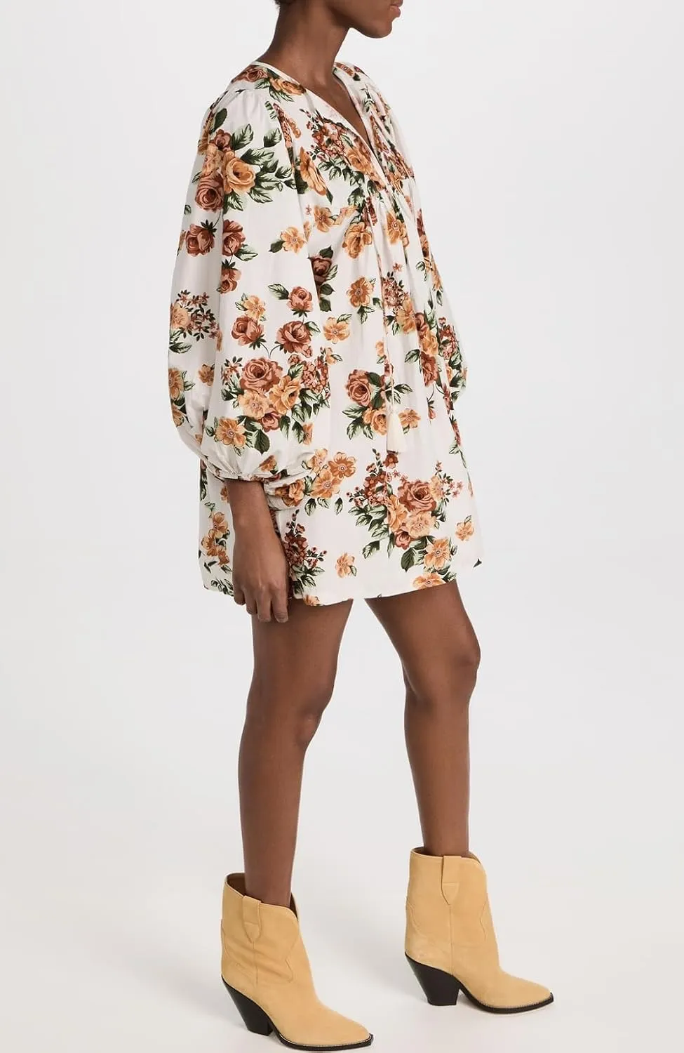 Women Boho Puff Sleeve Short Dress Floral V Neck Babydoll Dress Flowy Loose Fit Shirt Dress Bohemian Mini Sundress