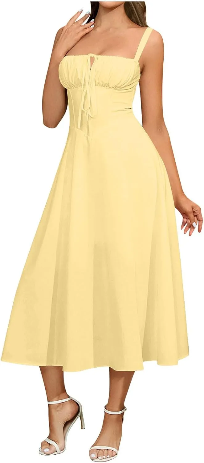 Women Floral Corset Dress Summer Dress 2025 Boho Flowy Slit Lace Up Midi Dresses Going Out A Line Casual Sundress