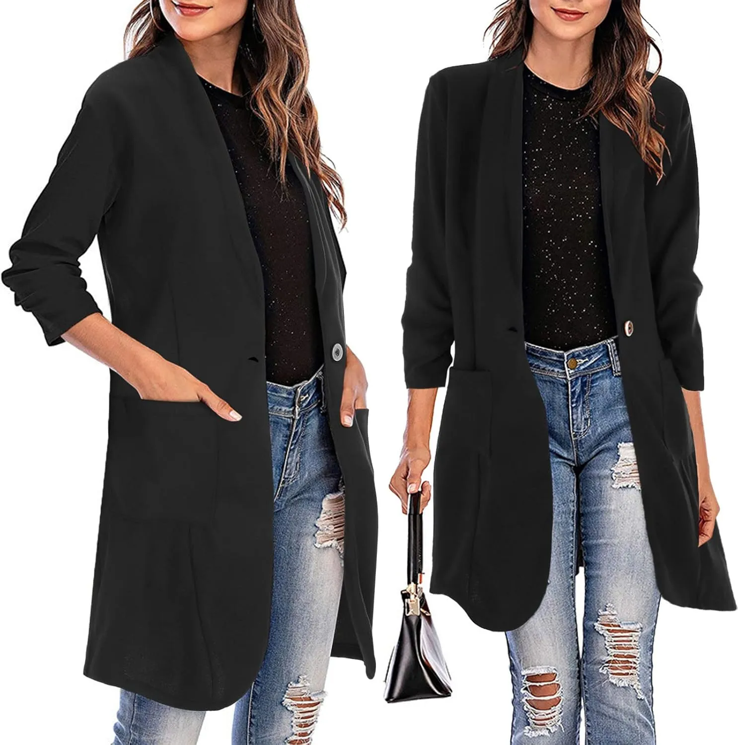 Women Lapel Trench Button Long Open Front Cardigan Coats Casual Lightweight Solid Jacket with Pockets Fall Pluz Size
