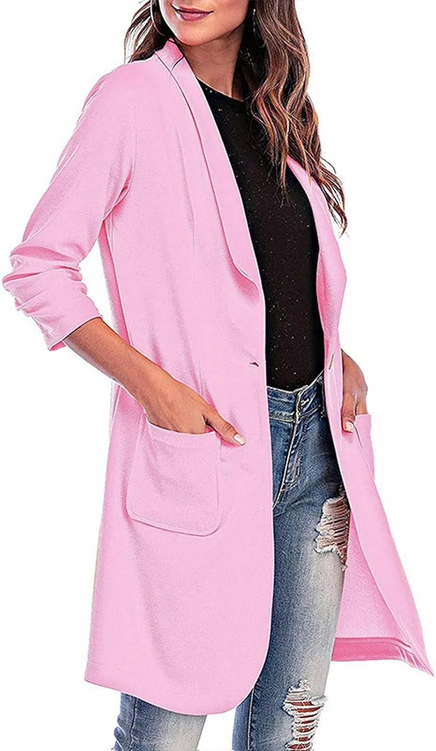 Women Lapel Trench Button Long Open Front Cardigan Coats Casual Lightweight Solid Jacket with Pockets Fall Pluz Size