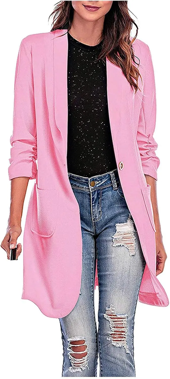 Women Lapel Trench Button Long Open Front Cardigan Coats Casual Lightweight Solid Jacket with Pockets Fall Pluz Size