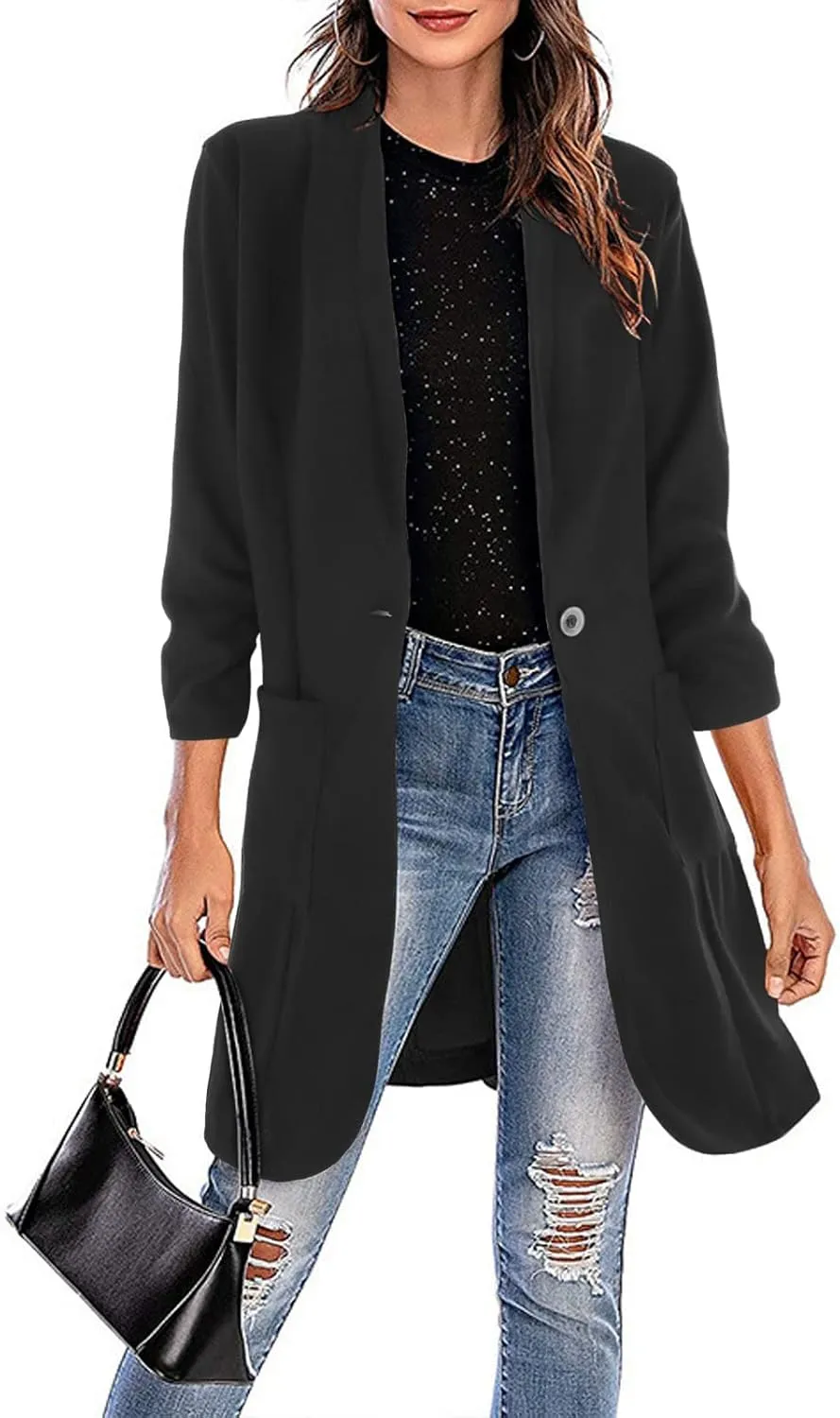 Women Lapel Trench Button Long Open Front Cardigan Coats Casual Lightweight Solid Jacket with Pockets Fall Pluz Size