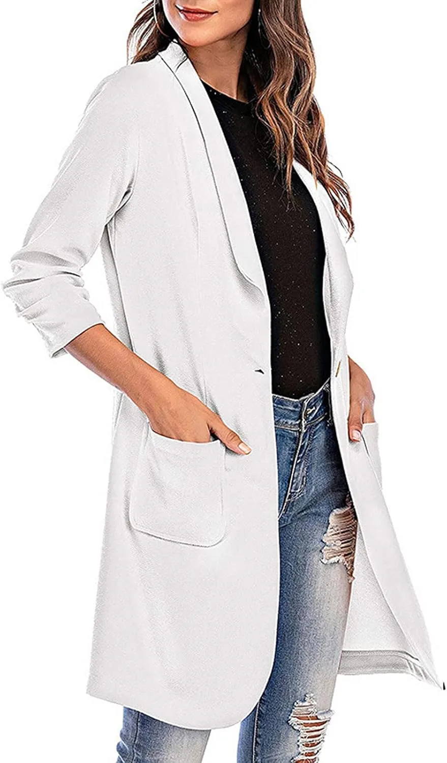 Women Lapel Trench Button Long Open Front Cardigan Coats Casual Lightweight Solid Jacket with Pockets Fall Pluz Size