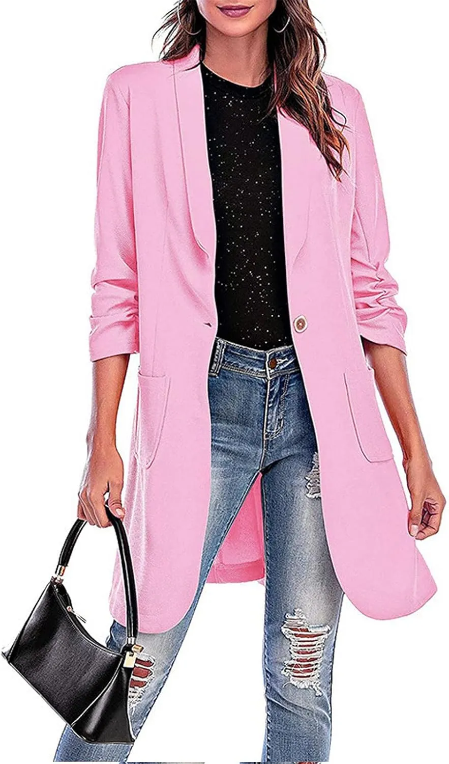 Women Lapel Trench Button Long Open Front Cardigan Coats Casual Lightweight Solid Jacket with Pockets Fall Pluz Size