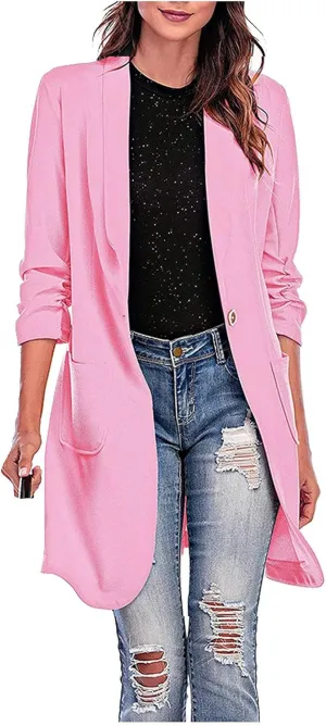 Women Lapel Trench Button Long Open Front Cardigan Coats Casual Lightweight Solid Jacket with Pockets Fall Pluz Size