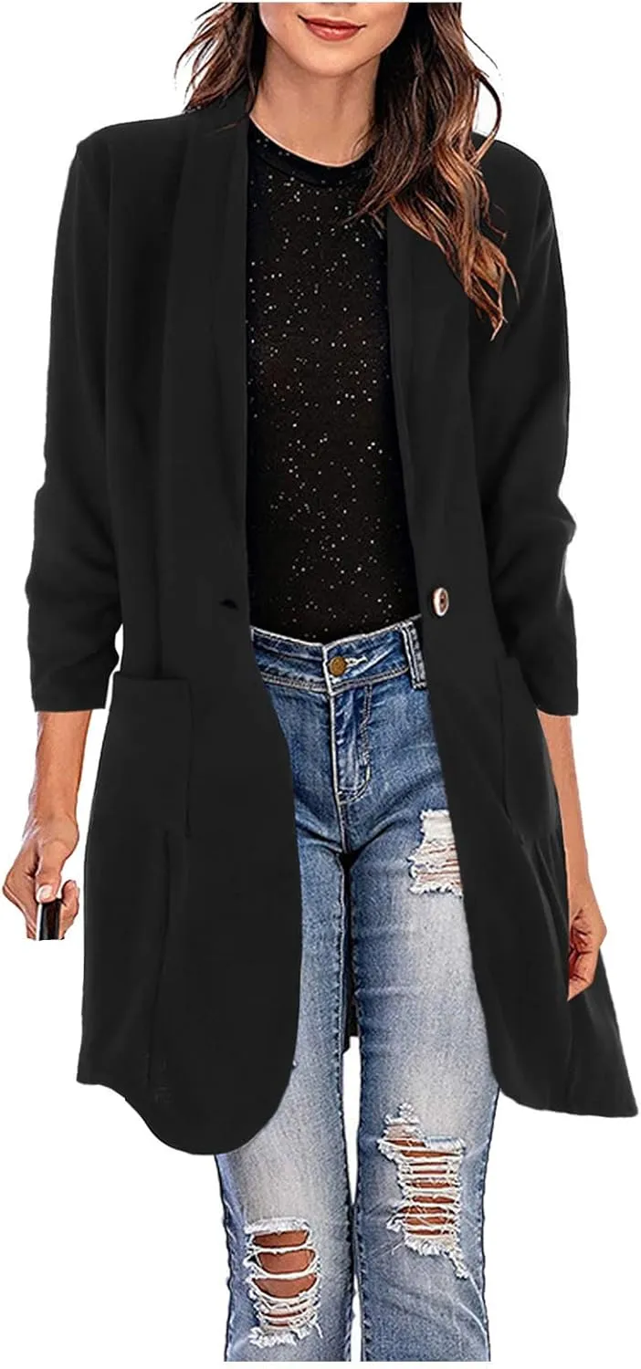 Women Lapel Trench Button Long Open Front Cardigan Coats Casual Lightweight Solid Jacket with Pockets Fall Pluz Size