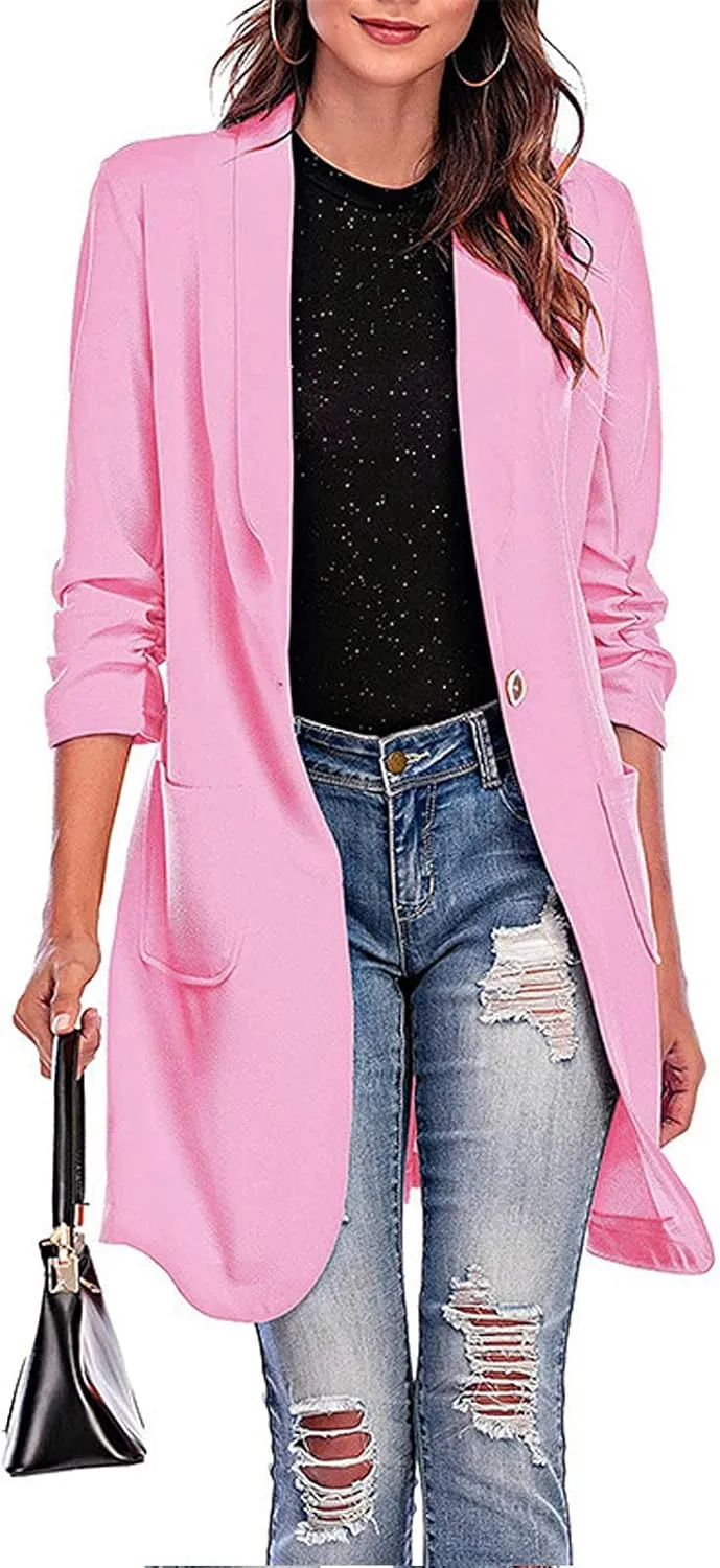 Women Lapel Trench Button Long Open Front Cardigan Coats Casual Lightweight Solid Jacket with Pockets Fall Pluz Size