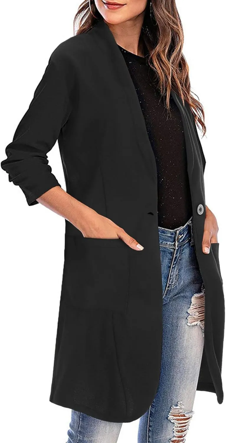 Women Lapel Trench Button Long Open Front Cardigan Coats Casual Lightweight Solid Jacket with Pockets Fall Pluz Size