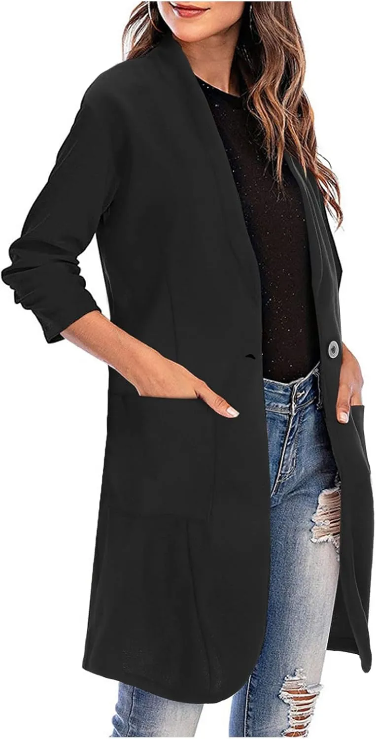 Women Lapel Trench Button Long Open Front Cardigan Coats Casual Lightweight Solid Jacket with Pockets Fall Pluz Size