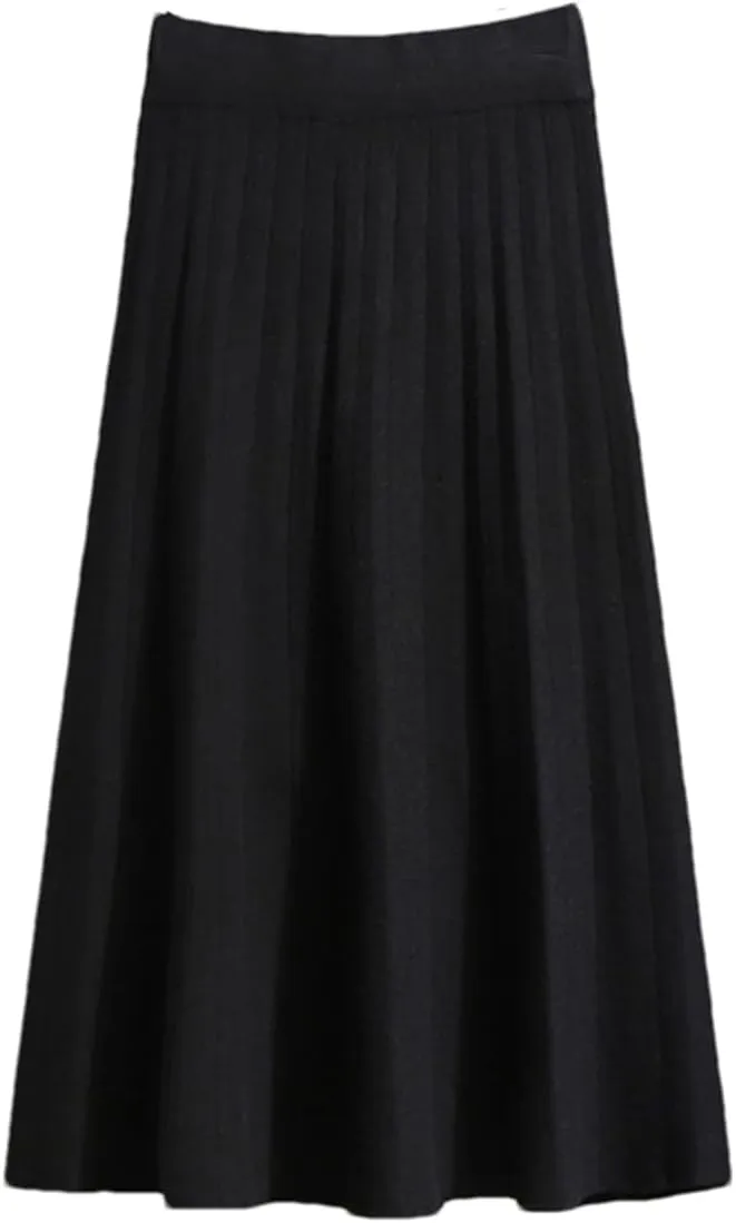 Women Midi Pleated Knitted Skirt Autumn Winter Knee Length A Line High Waist Skirt
