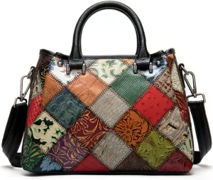 Women Multicolor Splicing Handbag Genuine Leather Tote Colorful Top-handle Shoulder Bag Printing Satchels Purses, One Color, One Size