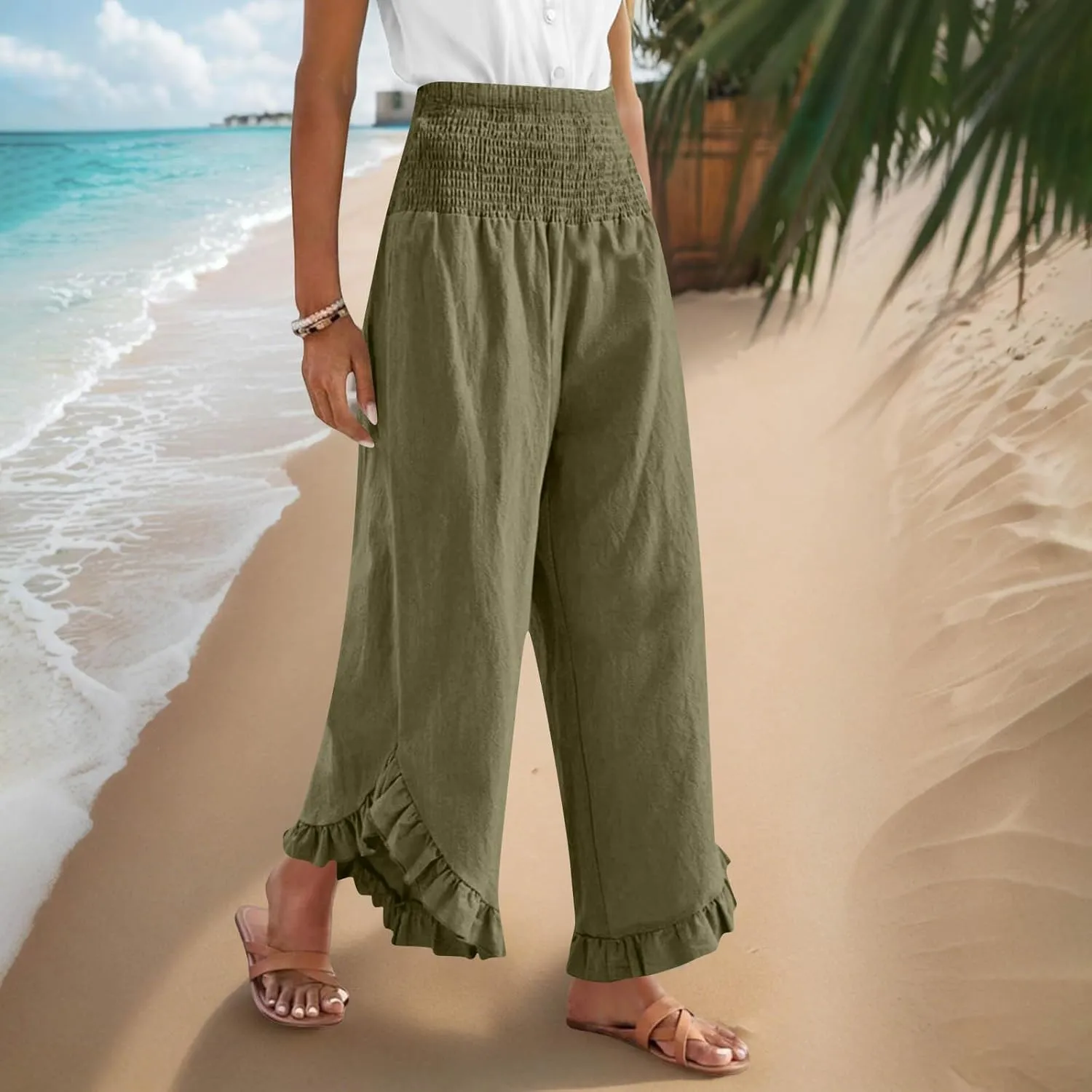 Women Palazzo Pants Summer Boho Flowy Wide Leg Smocked Waist Ruffle Hem Beach Gauze Trousers Pant Vacation Outfits